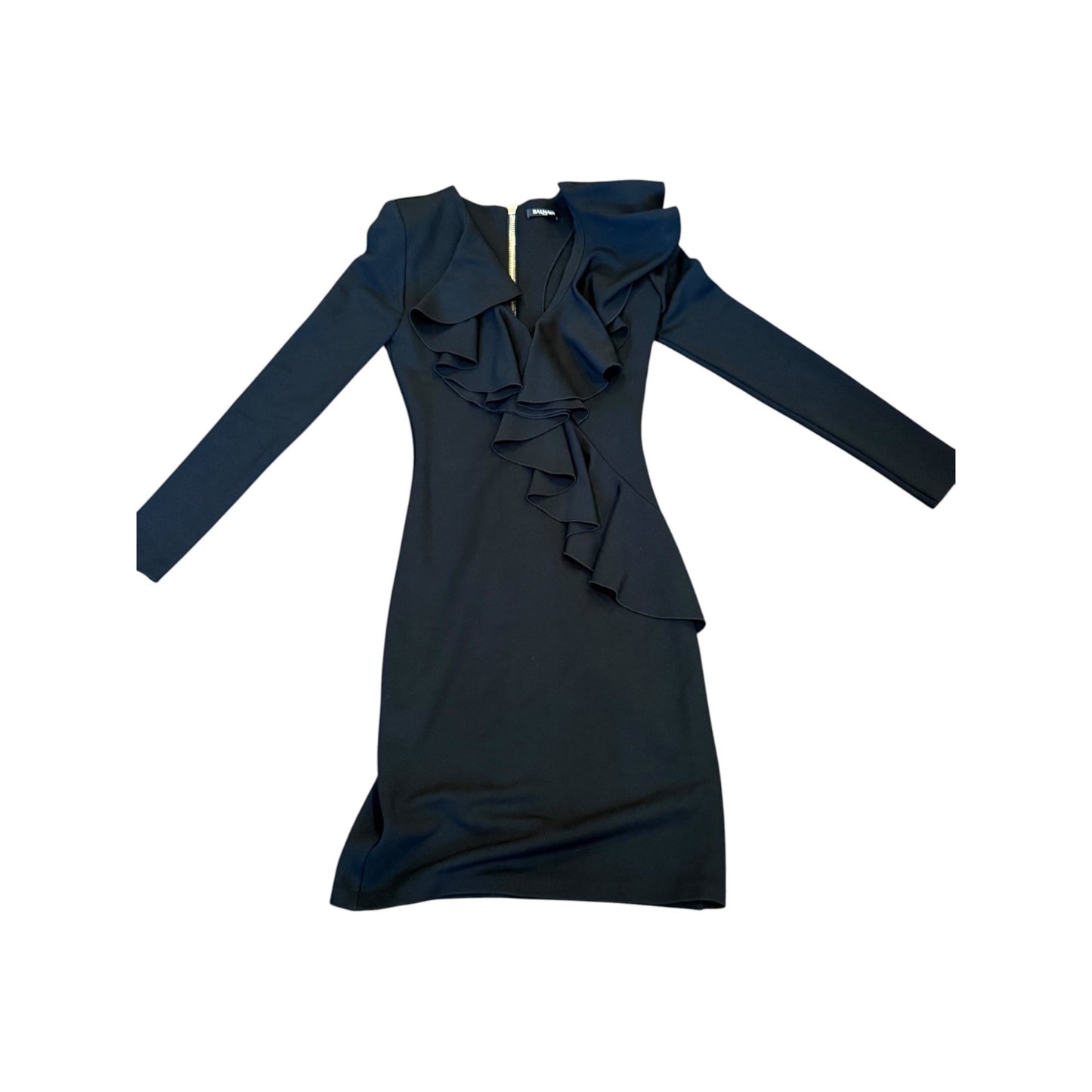 Balmain Black Long-Sleeve Ruffled Dress, Size 34/US 2