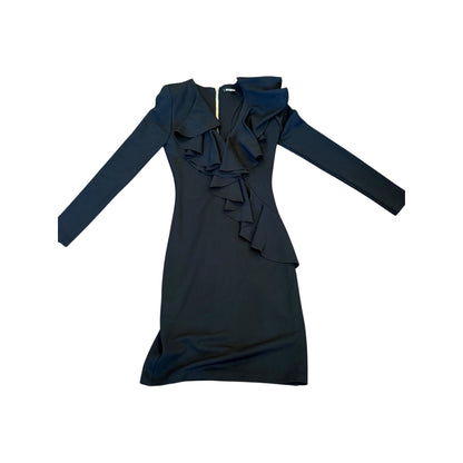 Balmain Black Long-Sleeve Ruffled Dress, Size 34/US 2