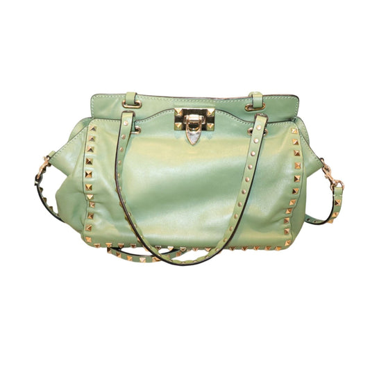 Valentino Rockstud Green Leather Tote Bag With Gold-Tone Hardware & Shoulder Strap