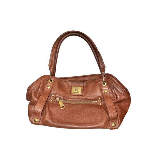 Burberry Brown Leather Satchel Handbag With Gold Hardware & Studded Handles