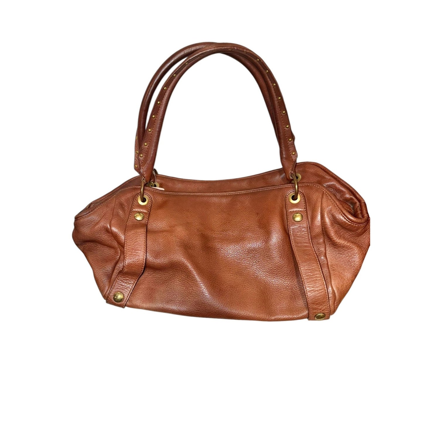 Burberry Brown Leather Satchel Handbag With Gold Hardware & Studded Handles