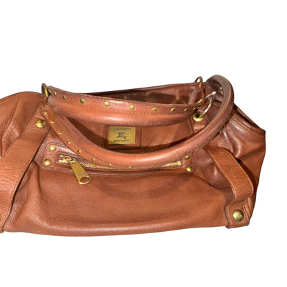 Burberry Brown Leather Satchel Handbag With Gold Hardware & Studded Handles