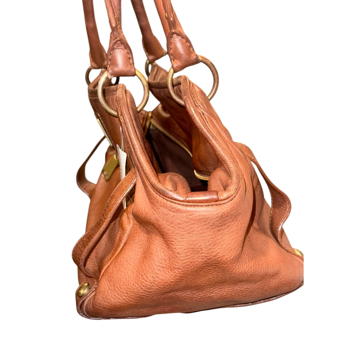 Burberry Brown Leather Satchel Handbag With Gold Hardware & Studded Handles