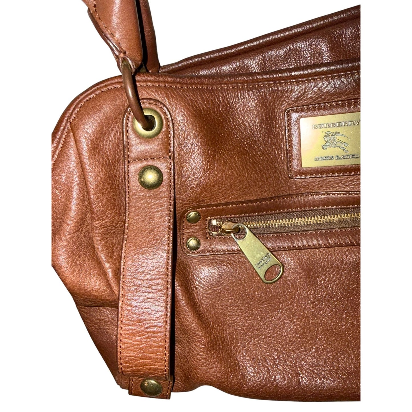 Burberry Brown Leather Satchel Handbag With Gold Hardware & Studded Handles