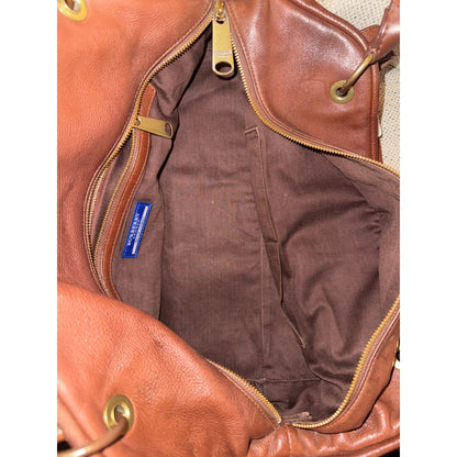 Burberry Brown Leather Satchel Handbag With Gold Hardware & Studded Handles