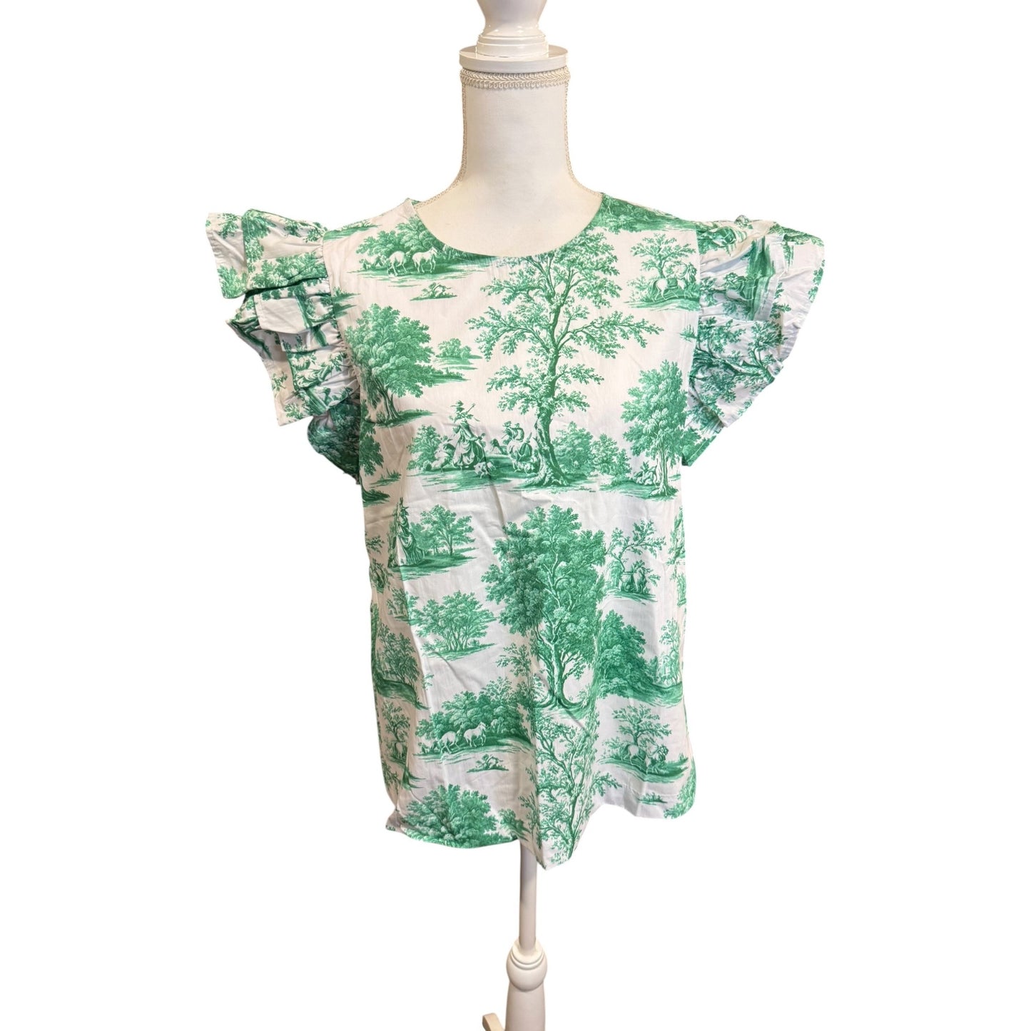 Prosperina Avery Ruffle Top in Eden Green Toil, Medium New