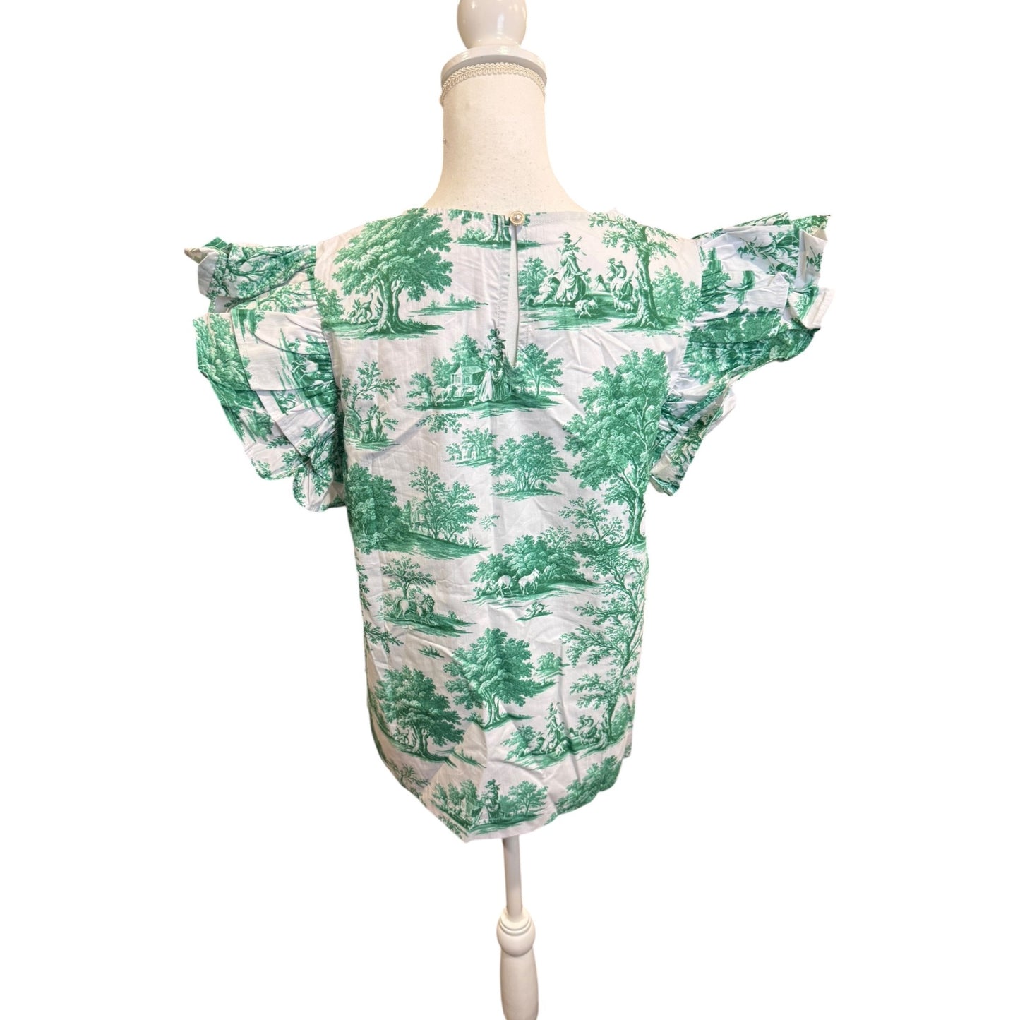 Prosperina Avery Ruffle Top in Eden Green Toil, Medium New
