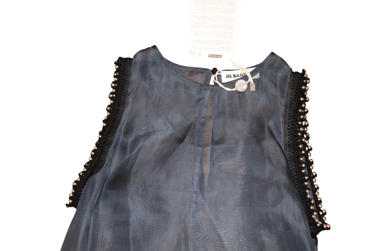 Jil Sander Navy Sleeveless Silk Sheer Top With Beaded Trim, Size 34 NWT