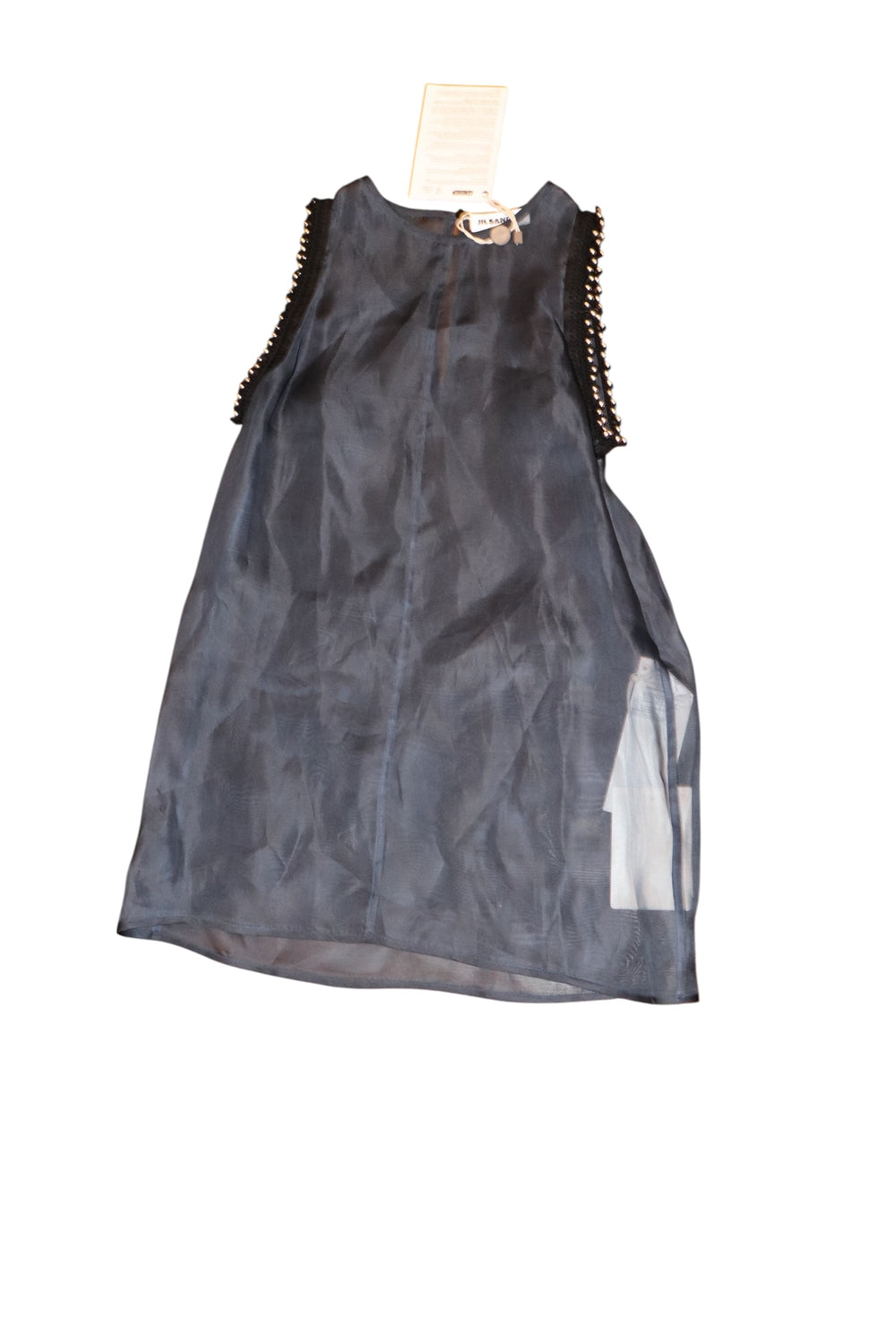 Front view: Jil Sander Navy Sleeveless Silk Sheer Top With Beaded Trim, Size 34 NWT