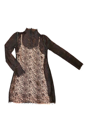 Alexander Wang Sheer Black Lace Long Sleeve Mini Dress With Nude Lining, Size S