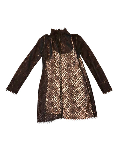 Alexander Wang Sheer Black Lace Long Sleeve Mini Dress With Nude Lining, Size S