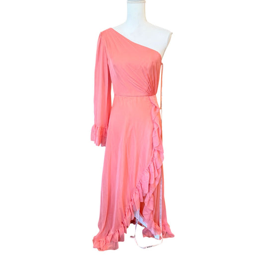 Ieena for Mac Duggal One Sleeve Ruffled Hem Gown Coral, Size 6 NWT