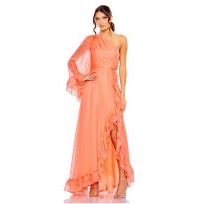 Ieena for Mac Duggal One Sleeve Ruffled Hem Gown Coral, Size 6 NWT