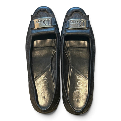 Christian Dior Black Leather Loafers, Womens Size 38 with COA