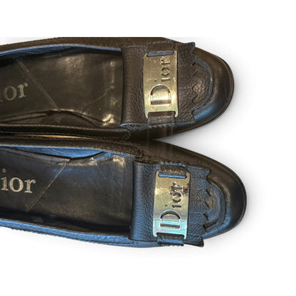 Christian Dior Black Leather Loafers, Womens Size 38 with COA
