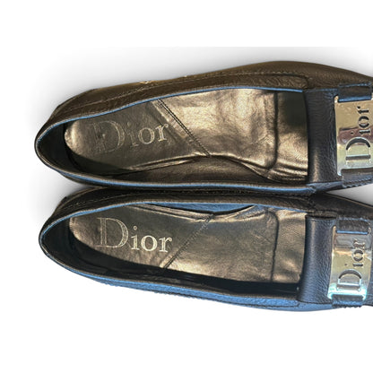 Christian Dior Black Leather Loafers, Womens Size 38 with COA