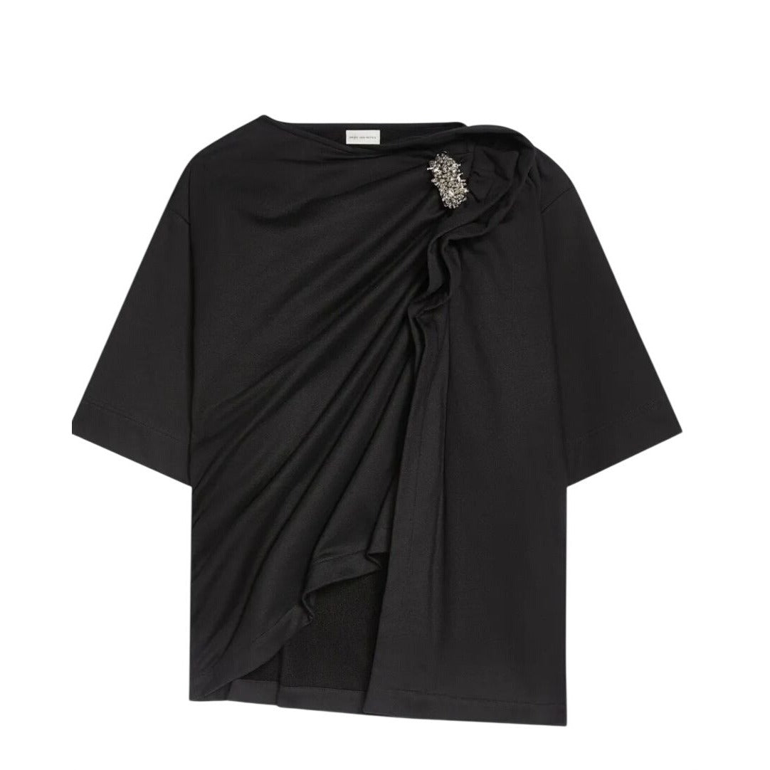 Dries Van Noten Black Draped Brooch T-Shirt, Large NWT