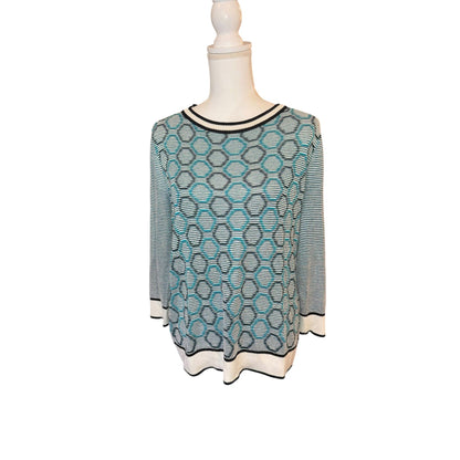 St. John Womens Geometric Knit Pullover Sweater Size L Blue & White Striped Design