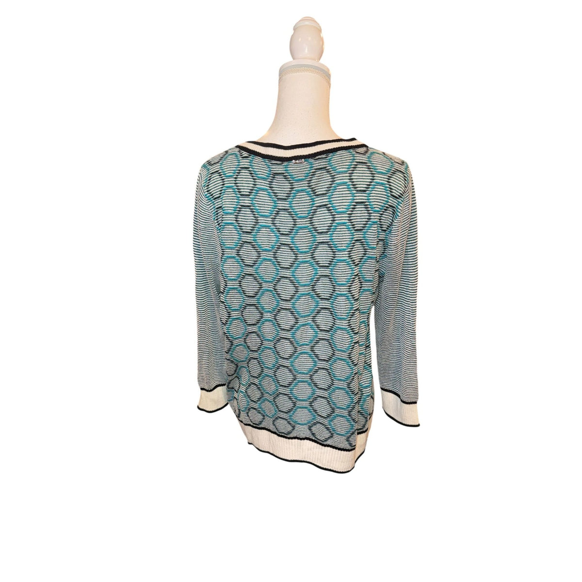 St. John Womens Geometric Knit Pullover Sweater Size L Blue & White Striped Design