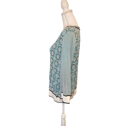St. John Womens Geometric Knit Pullover Sweater Size L Blue & White Striped Design