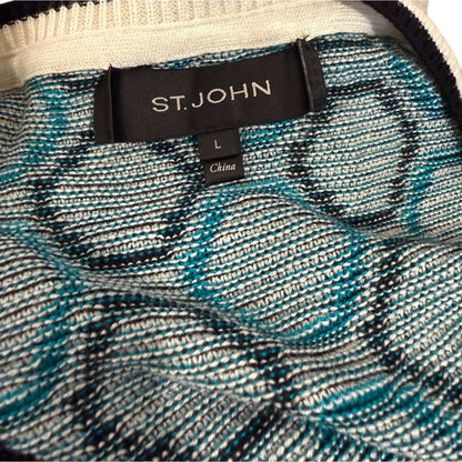 St. John Womens Geometric Knit Pullover Sweater Size L Blue & White Striped Design