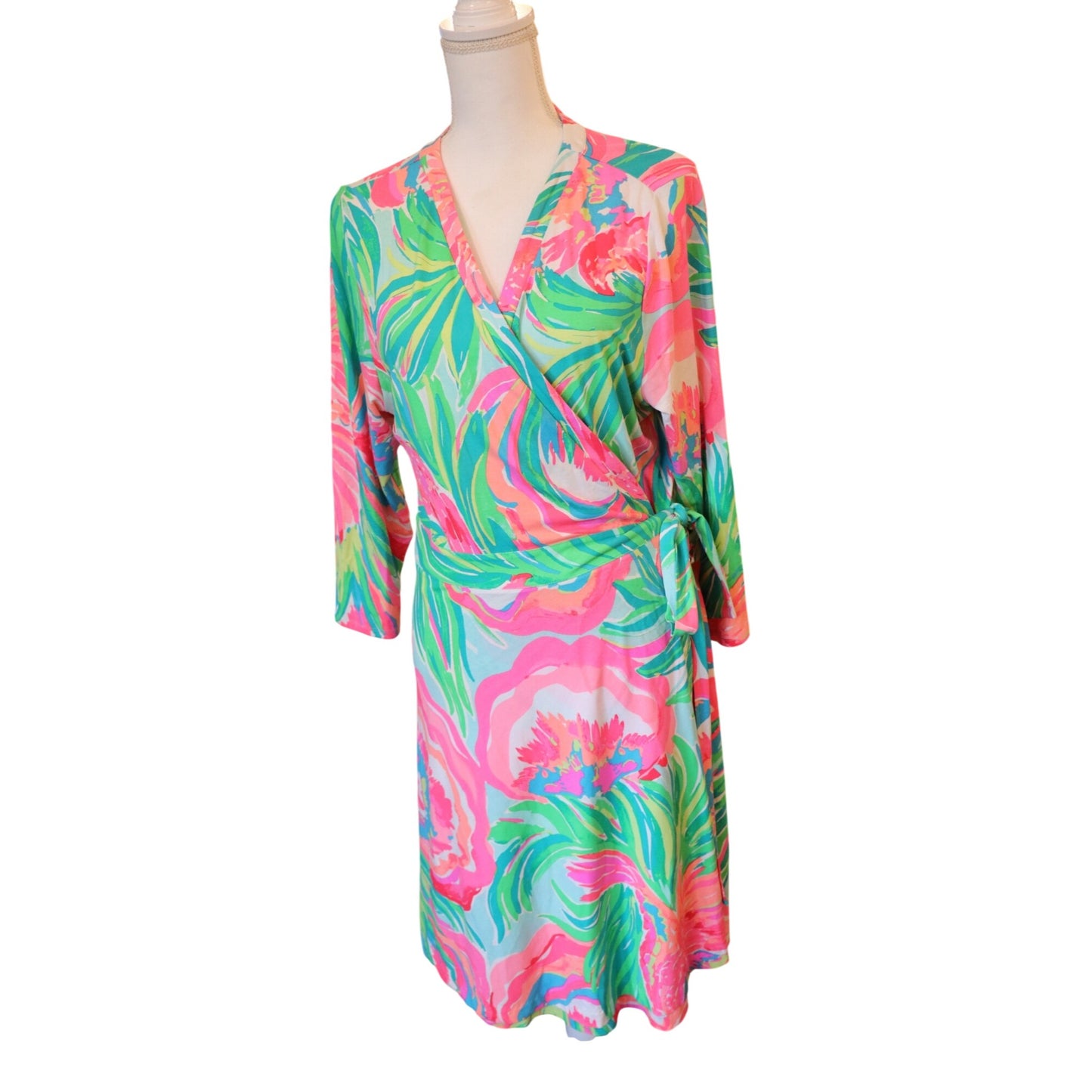 Lilly Pulitzer Floral Wrap Dress XL Pink Green Tropical Rayon