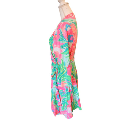 Lilly Pulitzer Floral Wrap Dress XL Pink Green Tropical Rayon