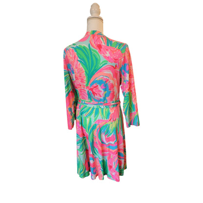 Lilly Pulitzer Floral Wrap Dress XL Pink Green Tropical Rayon