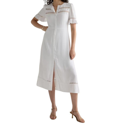 Quince Lightweight Crepe Lace Inset Midi Dress, Large NWT