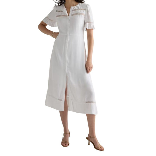 Quince Lightweight Crepe Lace Inset Midi Dress, Large NWT