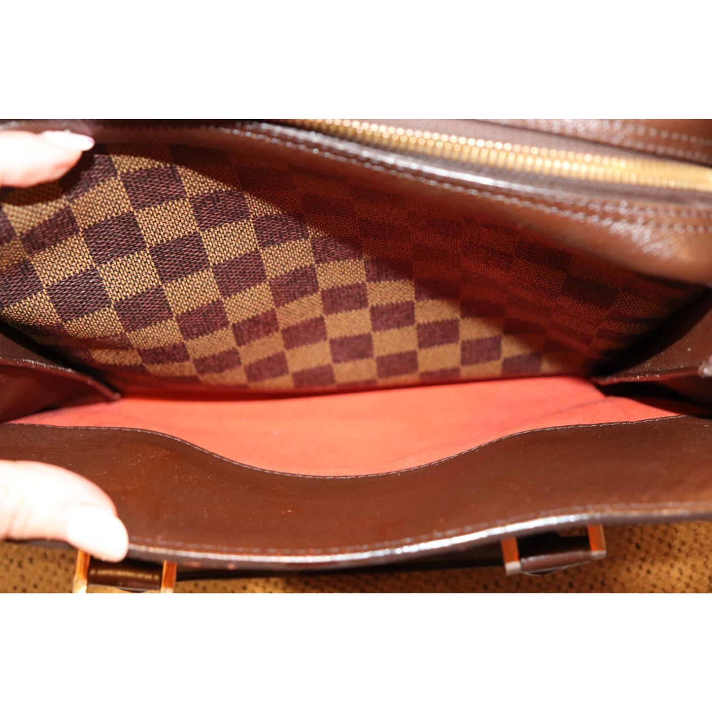 Louis Vuitton Damier Ebene Triana Handbag With Dual Top Handles & Gold-Tone Hardware Pre-Owned