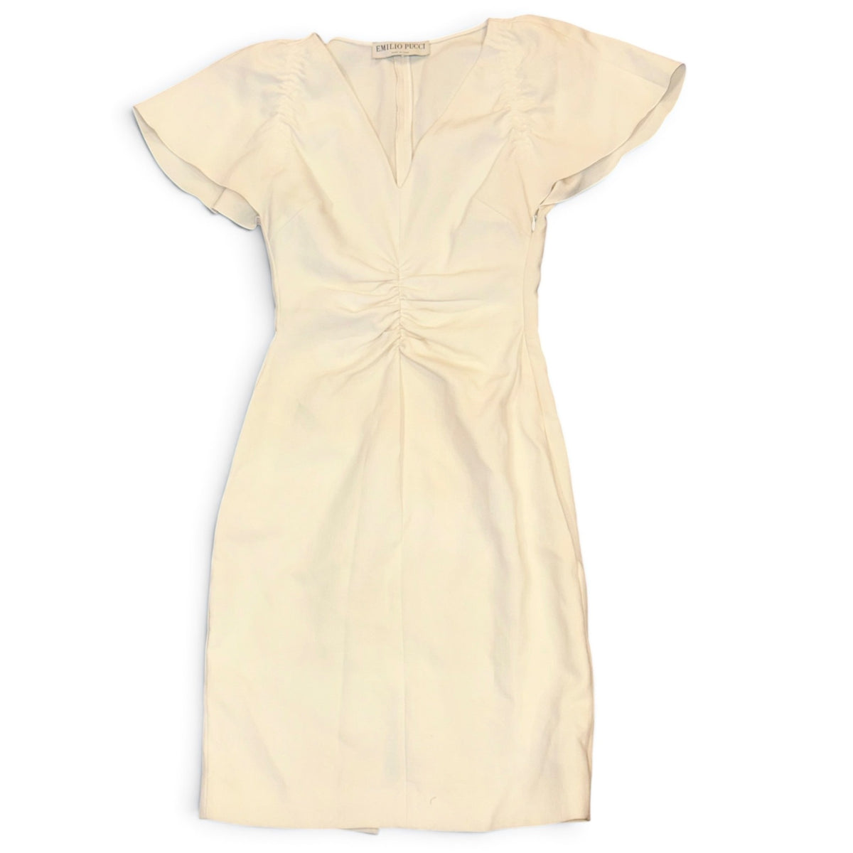 Emilio Pucci Ivory Wool Blend Ruched Flutter Sleeve Dress Size 38 Made In Italy
