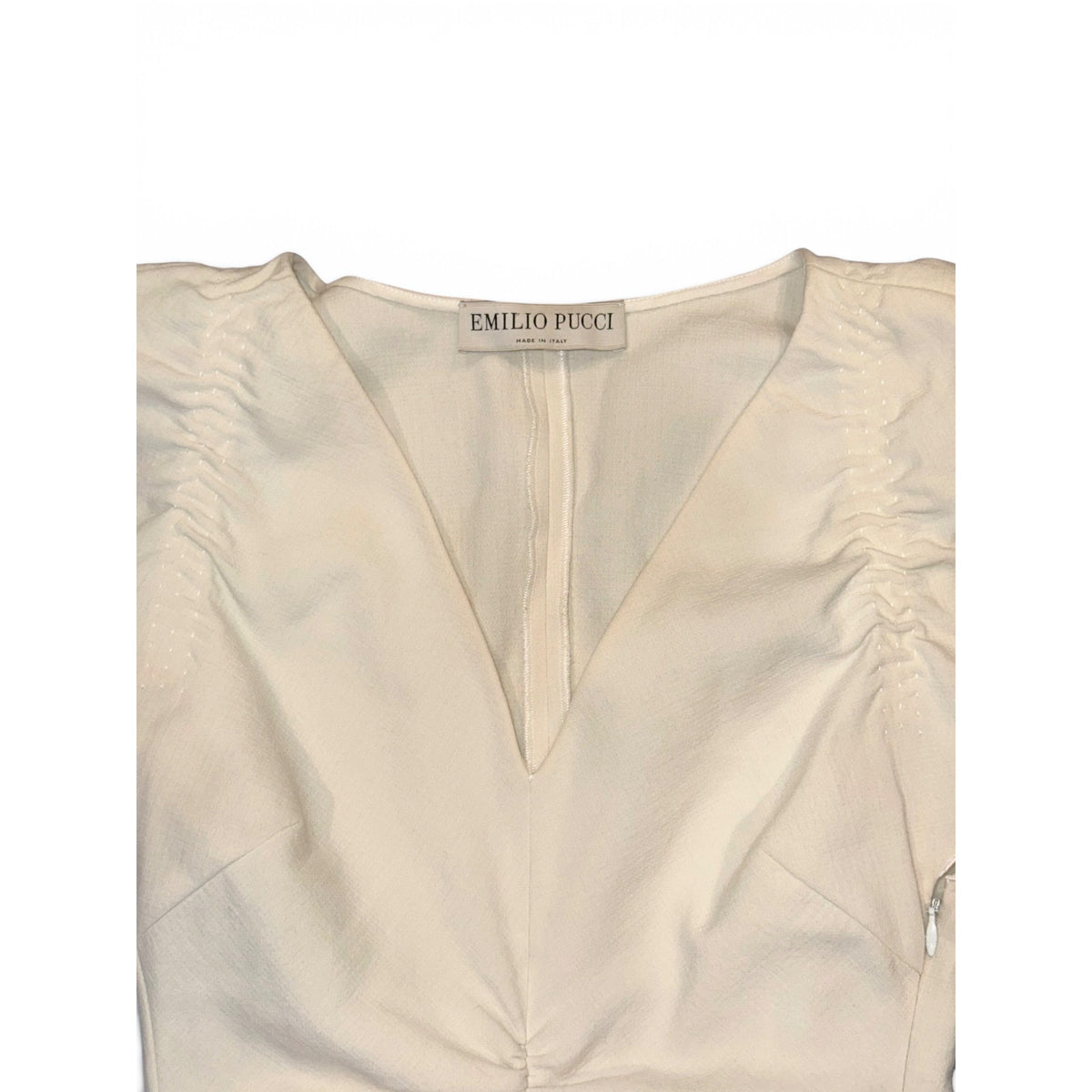 Emilio Pucci Ivory Wool Blend Ruched Flutter Sleeve Dress Size 38 Made In Italy