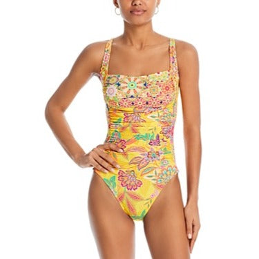 Johnny Was Sunshine & Kaleda Ruched One-Piece Swimsuit Yellow Floral XS NWT