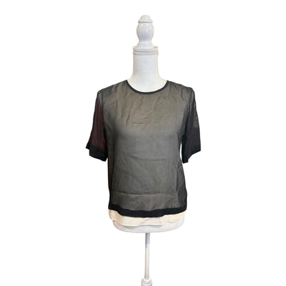 Tibi Black Sheer Silk Short Sleeve Blouse, Size 0 (oversized)