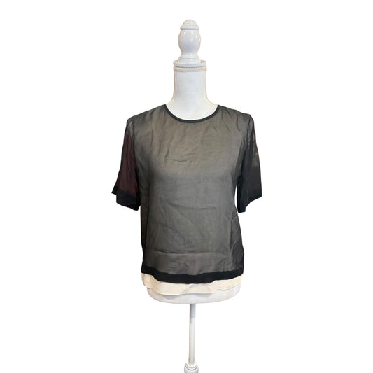 Tibi Black Sheer Silk Short Sleeve Blouse, Size 0 (oversized)