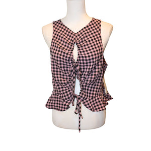 TopShop NWT Pink & Black Gingham Sleeveless Ruched Peplum Blouse, Size 10