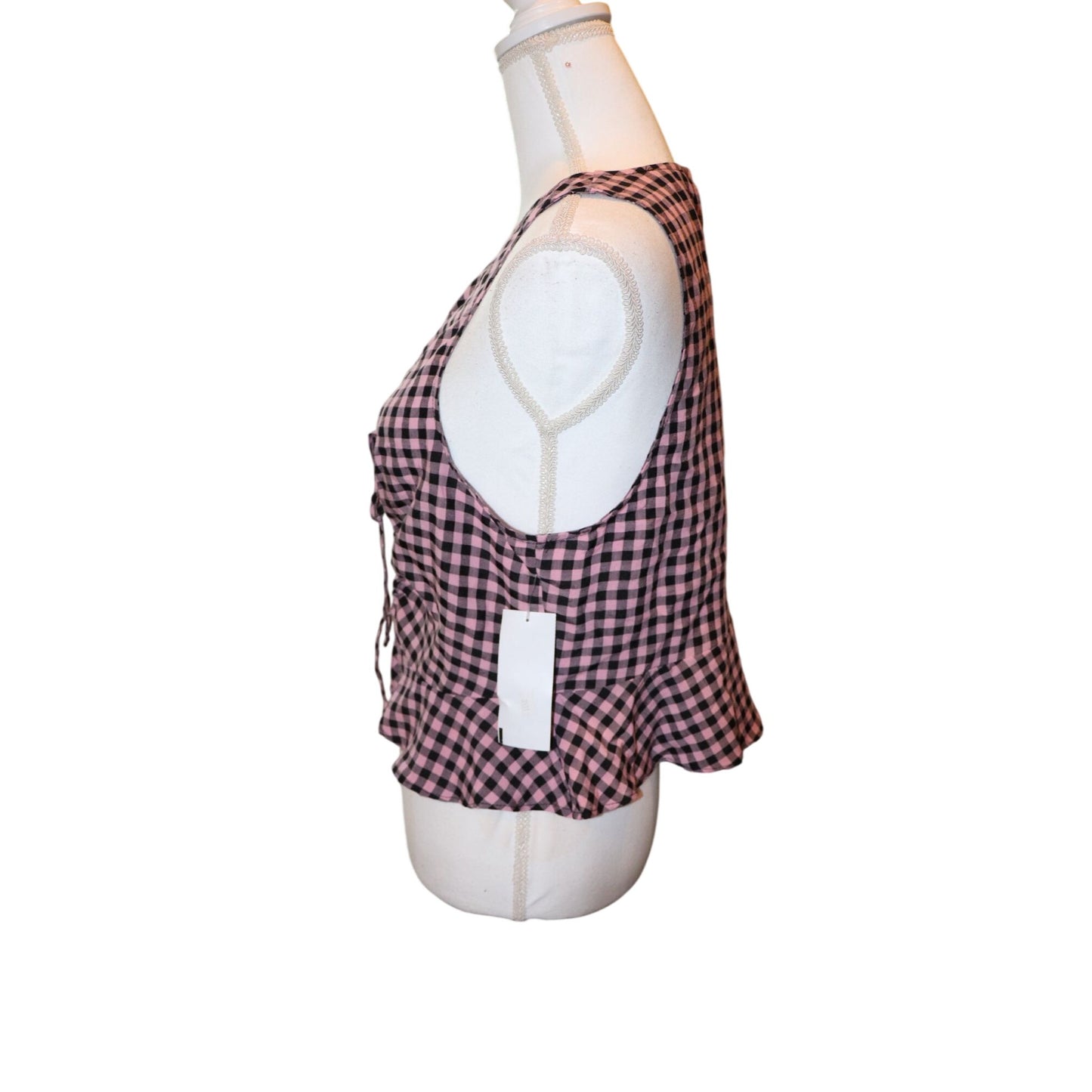 TopShop NWT Pink & Black Gingham Sleeveless Ruched Peplum Blouse, Size 10