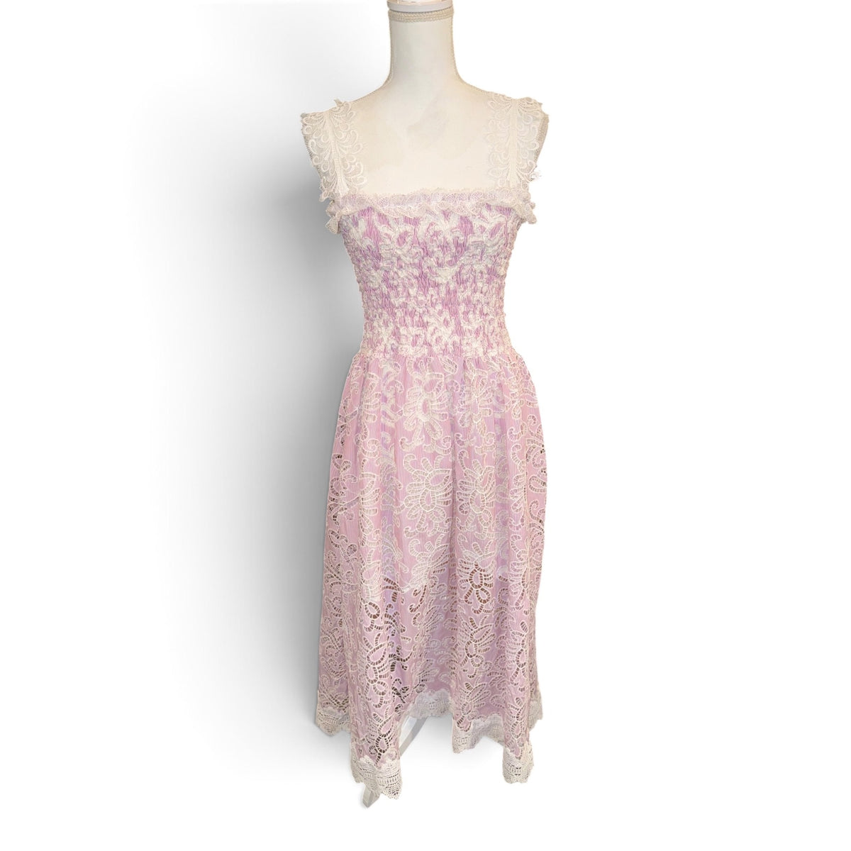 Waimari Pink & White Lace Midi Dress With Smocked Bodice & Sleeveless Ruffle Straps - Size L