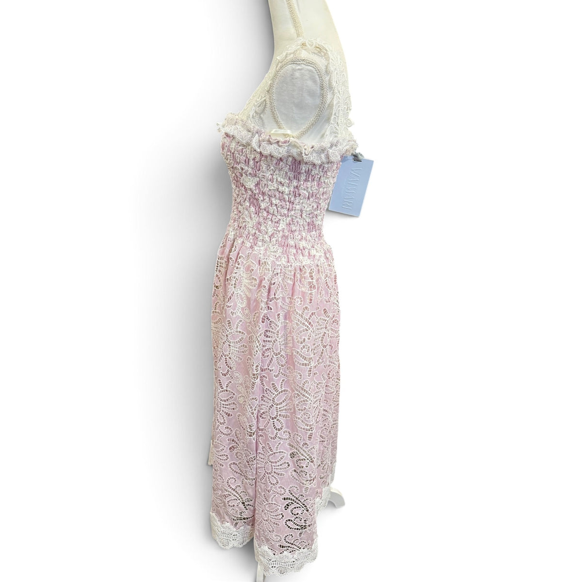 Waimari Pink & White Lace Midi Dress With Smocked Bodice & Sleeveless Ruffle Straps - Size L