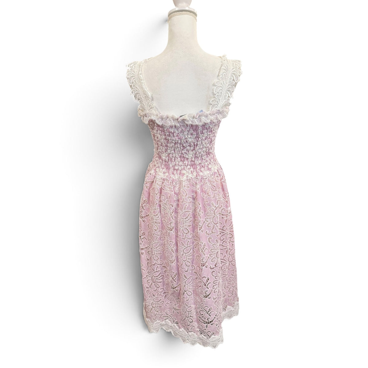 Waimari Pink & White Lace Midi Dress With Smocked Bodice & Sleeveless Ruffle Straps - Size L