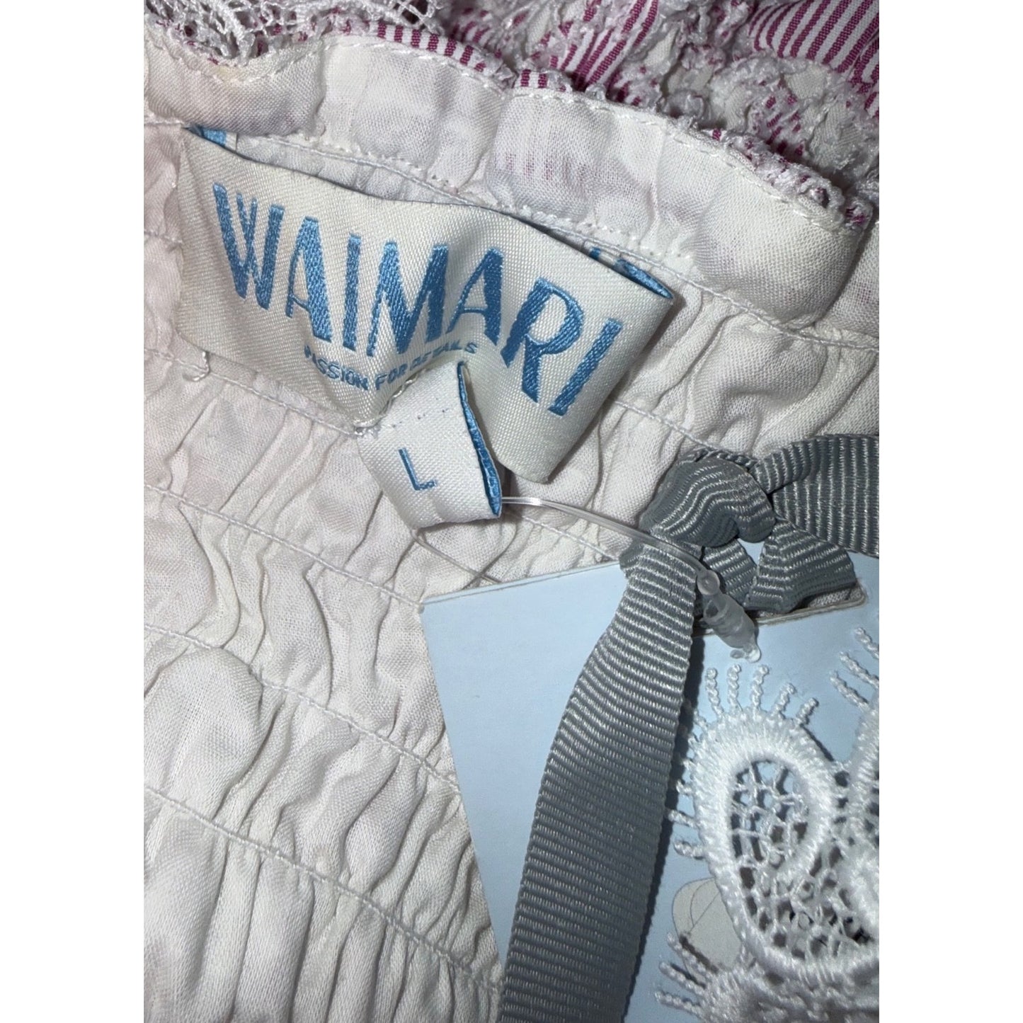 Waimari Pink & White Lace Midi Dress With Smocked Bodice & Sleeveless Ruffle Straps - Size L