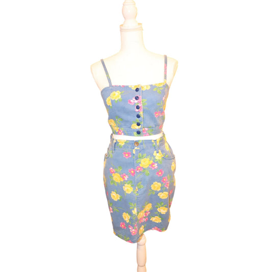 Kenzo Jeans Floral Blue Denim Two-Piece Set Crop Top & Skirt, Vintage Size 40