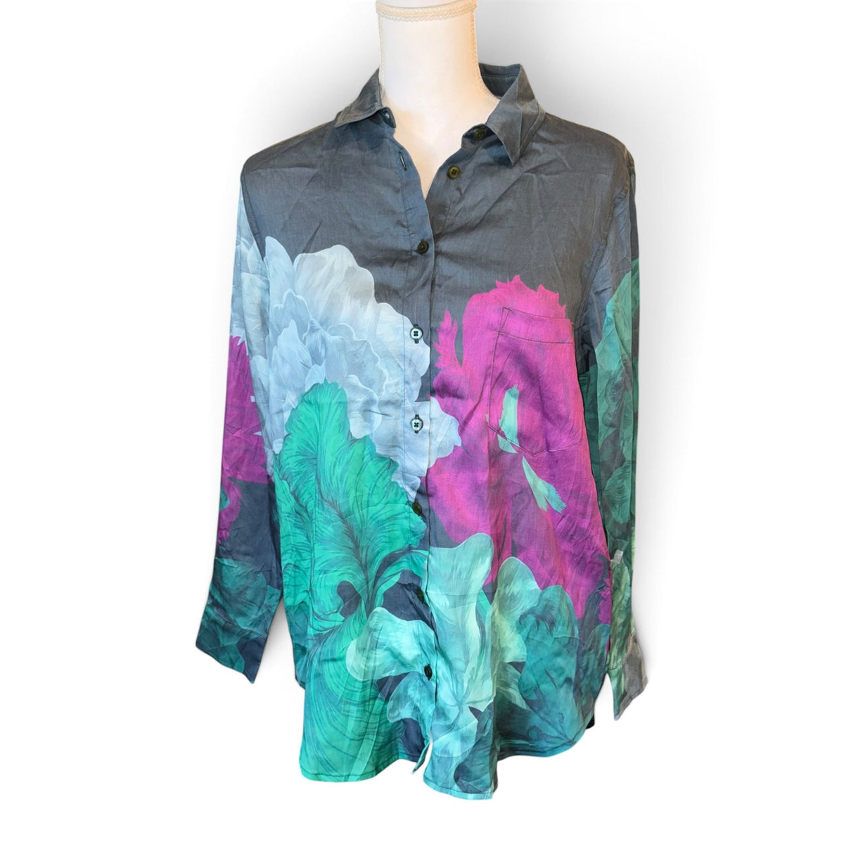 The Kit Zoe Shirt Evergreen Iris Lightweight Tencel Button-Down Top, M NWT