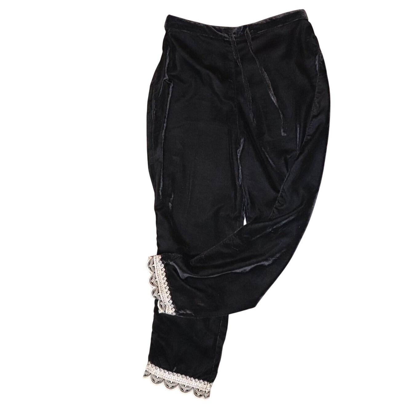 Nazila Couture Black Velvet Lace Trim Pants, Small/ Medium