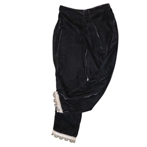 Nazila Couture Black Velvet Lace Trim Pants, Small/ Medium