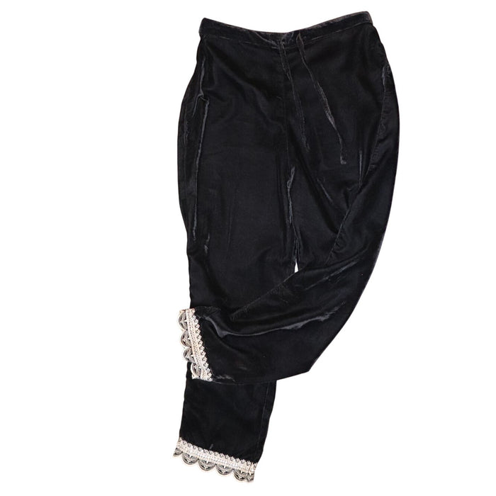 Nazila Couture Black Velvet Lace Trim Pants, Small/ Medium