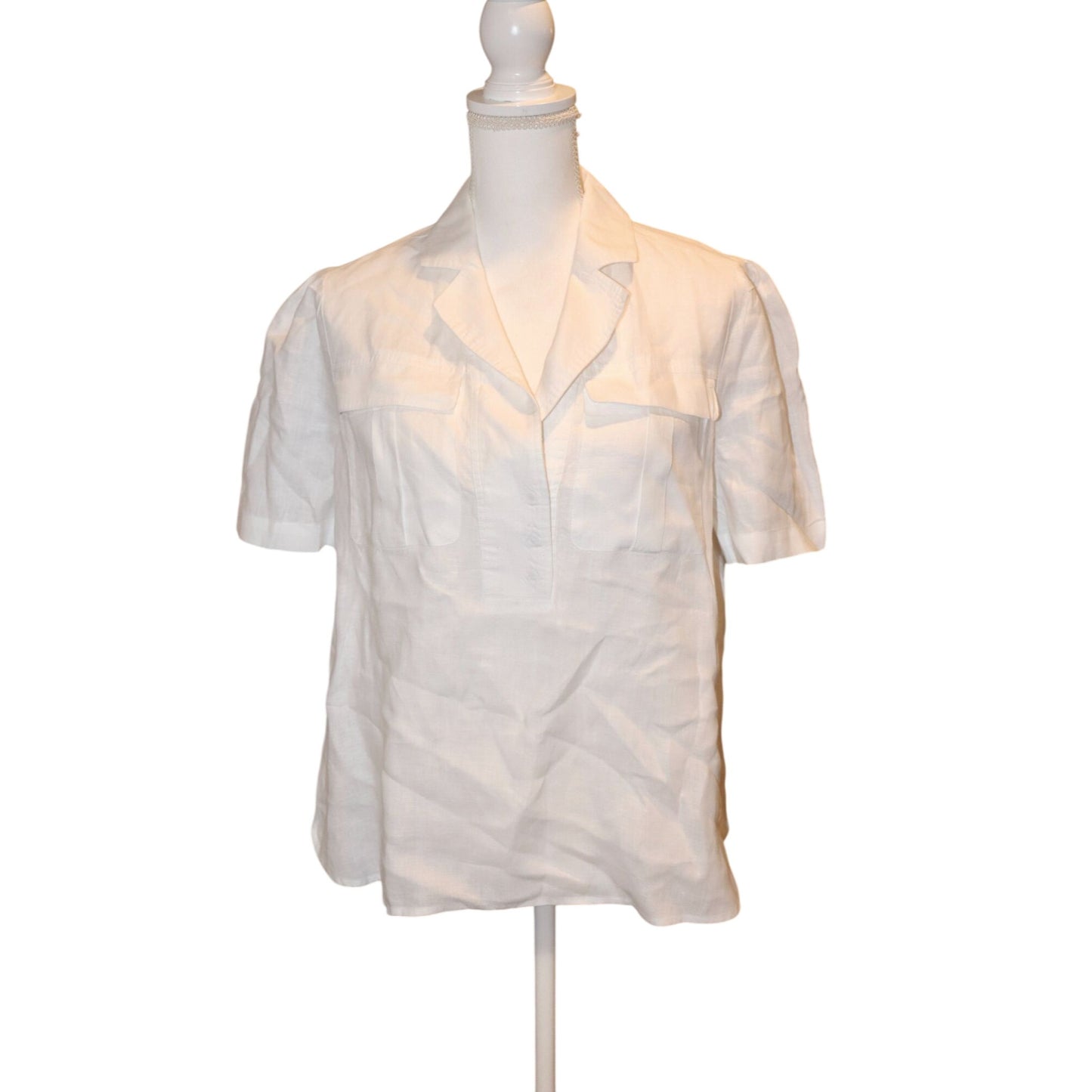 Sundance White 100% Linen Short Sleeve Blouse With Pockets, M