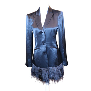 Cinq A Sept  Joel Blazer Dress Navy Long Sleeve Feather Trim, Size 4 NWT