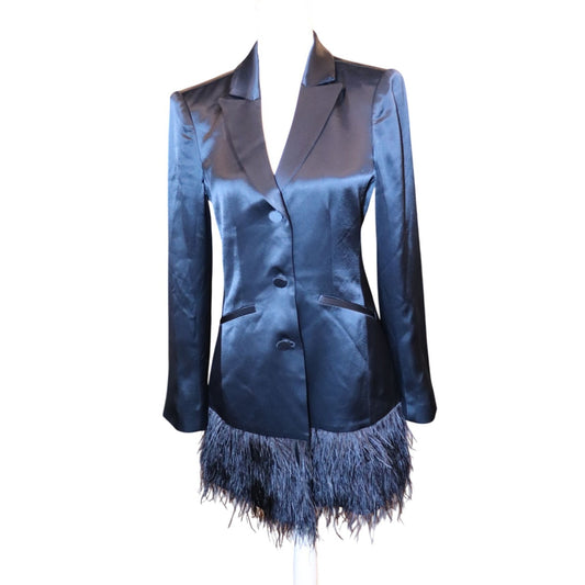 Cinq A Sept  Joel Blazer Dress Navy Long Sleeve Feather Trim, Size 4 NWT